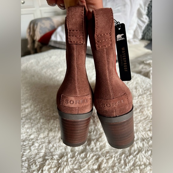 Sorel Cate Waterproof Suede Block Heel Bootie Red - Picture 7 of 13